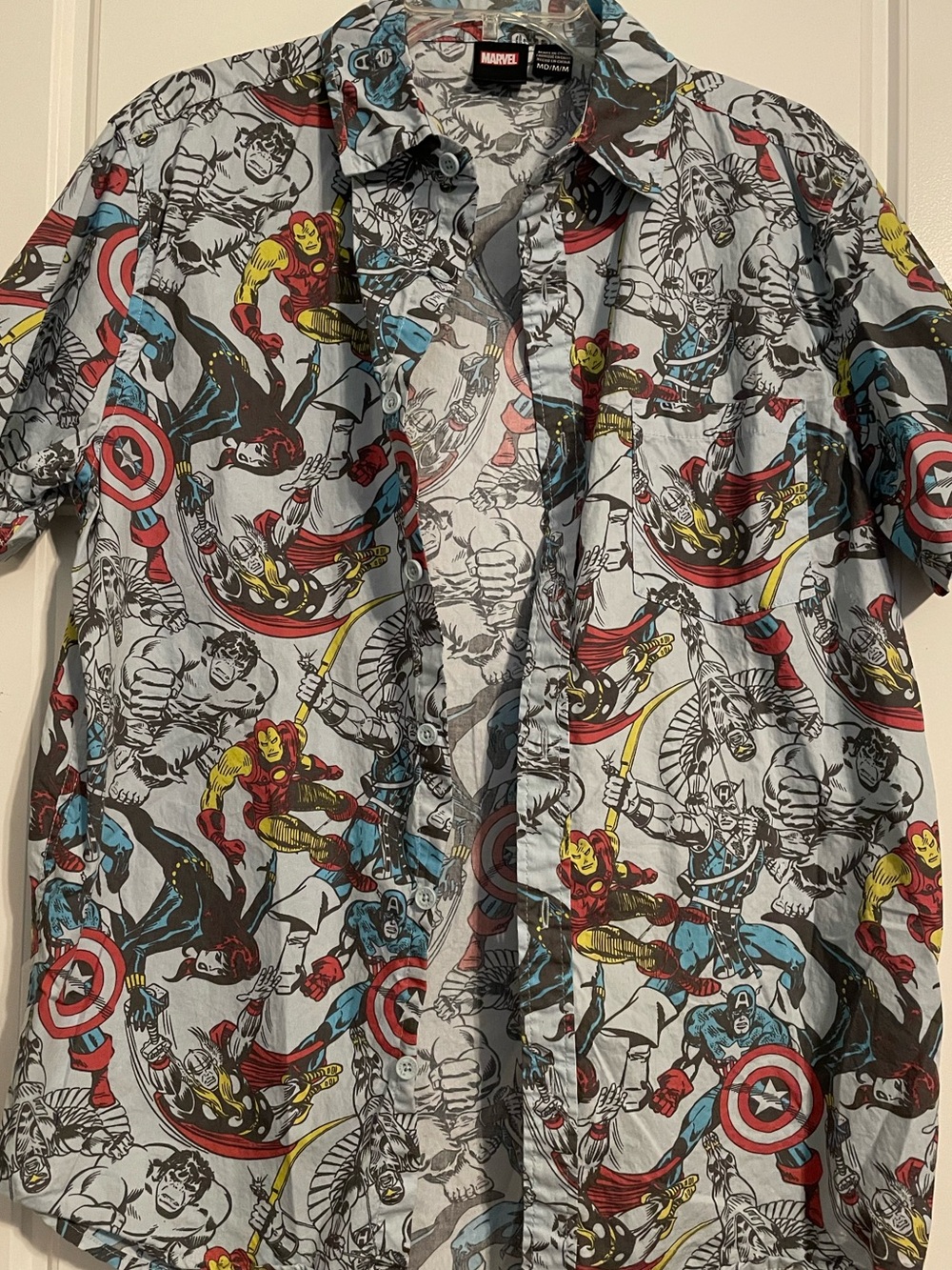 Marvel Light Blue Short-Sleeve Button-Down Shirt with Superhero Comic Print - Picture 8 of 9